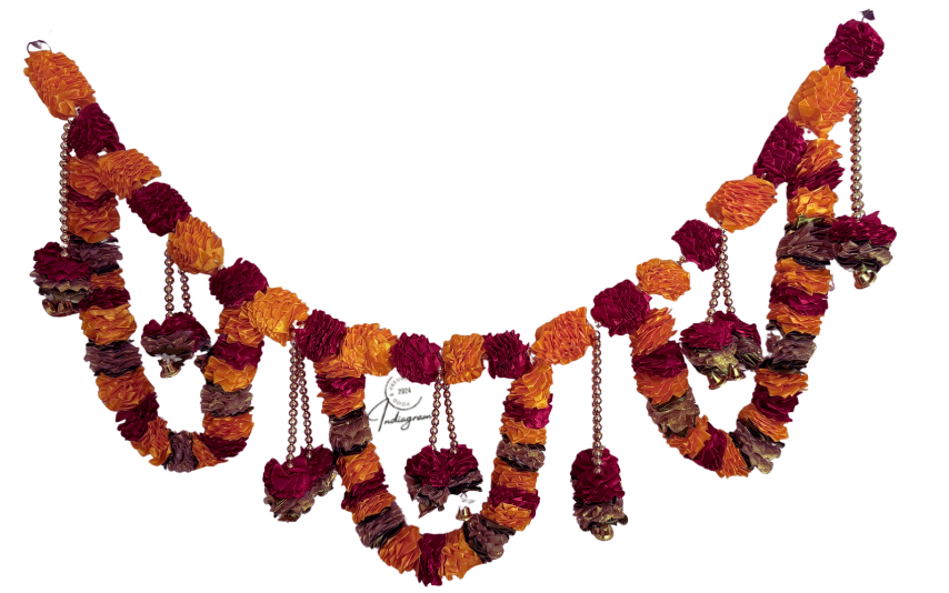 SATIN TORAN MARIGOLD RED&ORANGE FLOWERS WITH PEARLS (Door Hanging)