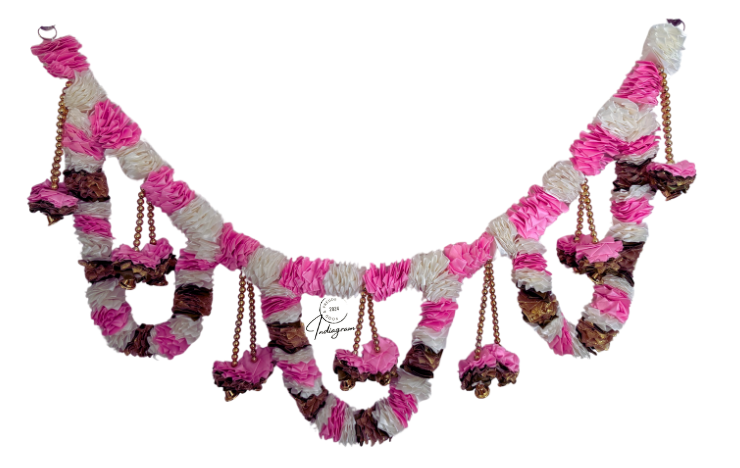 SATIN TORAN PINK&WHITE FLOWERS WITH PEARLS(Door Hanging)