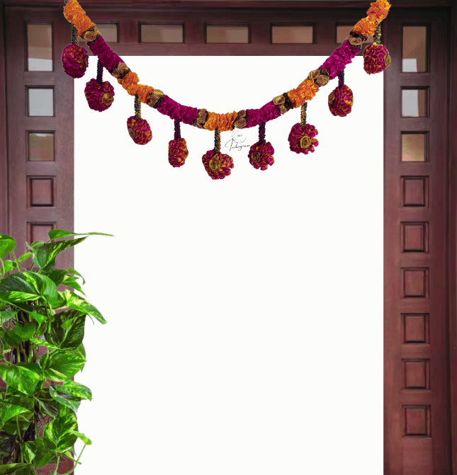 SATIN TORAN MARIGOLD RED&ORANGE FLOWERS (Door Hanging)