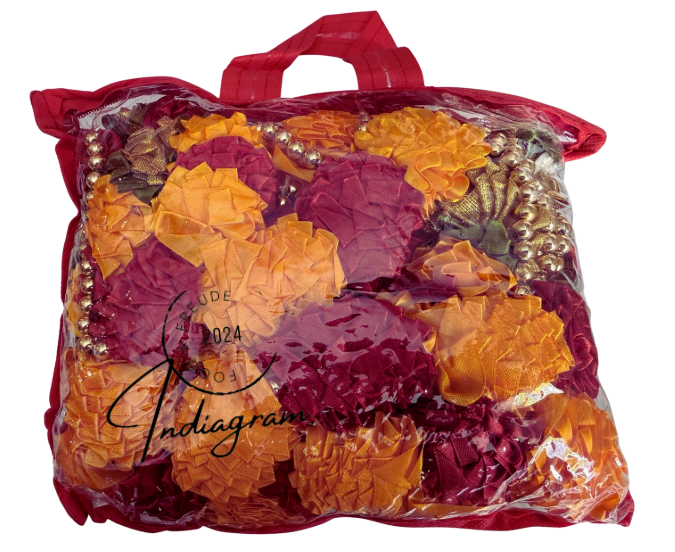 SATIN TORAN MARIGOLD RED&ORANGE FLOWERS WITH PEARLS (Door Hanging)