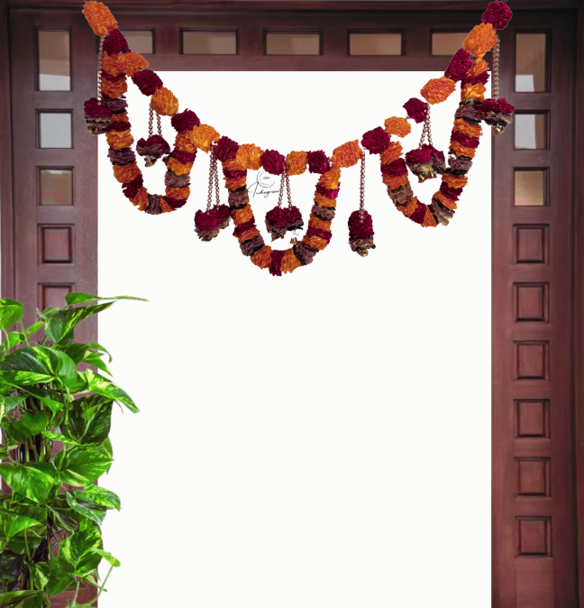 SATIN TORAN MARIGOLD RED&ORANGE FLOWERS WITH PEARLS (Door Hanging)