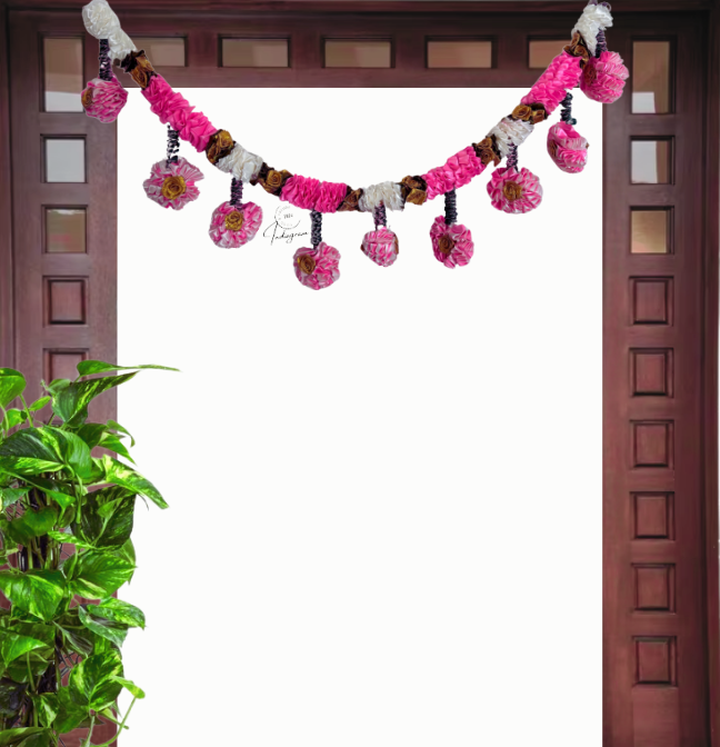 SATIN TORAN MARIGOLD PINK&WHITE FLOWERS