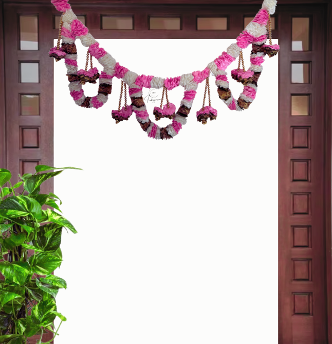 SATIN TORAN PINK&WHITE FLOWERS WITH PEARLS(Door Hanging)