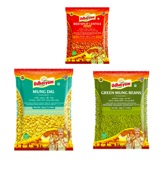 UDHAIYAM- MUNG DAL-2KG+GREEN MOUNG BEANS -2KG +RED SPLIT LENTILS - 1KG