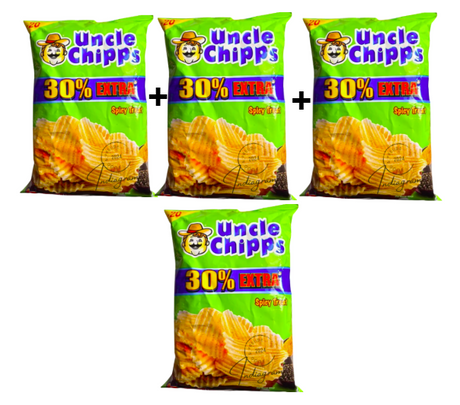 Four packages of Uncle Chipp's chips with green and yellow design on a white background